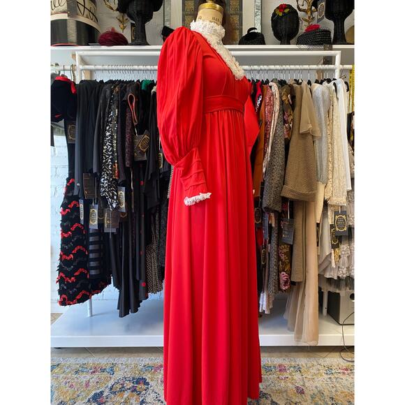 vintage 1970s red victorian style maxi dress lace bib balloon sleeves small - Picture 5 of 10